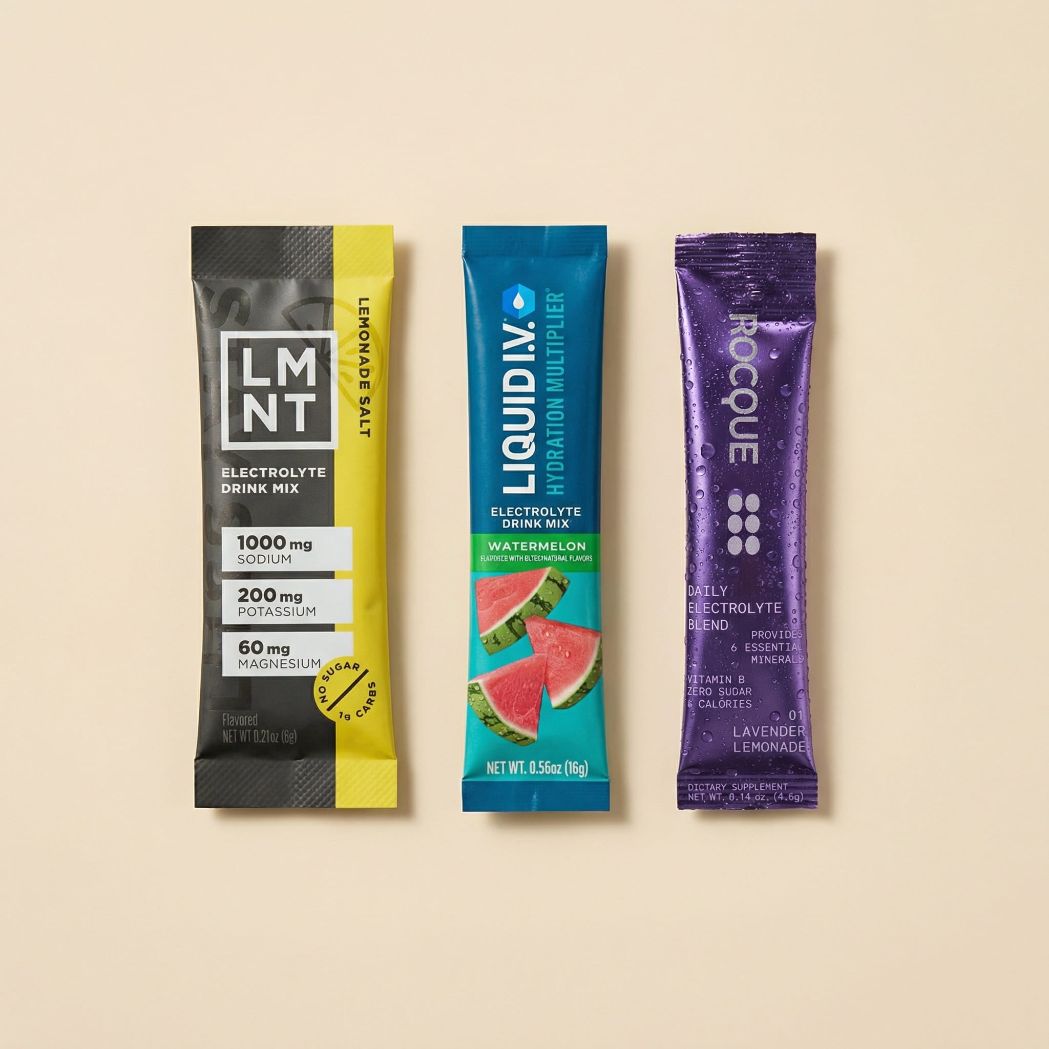 comparison lmnt, liquid iv and rocque powder